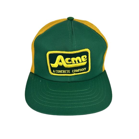 Vintage Acme Concrete Company Snapback Mesh Trucker Hat Yellow/Green 1990's - Picture 4 of 11